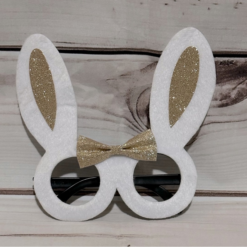 Happy White Felt & Gold Bow Rabbit Easter Bunny Ear Glasses One Size